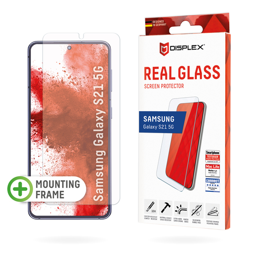 Displex Screen Protector (10H) for Samsung Galaxy S21 5G, Eco Mounting Frame, Tempered Glass, scratch resistant protective film, case friendly