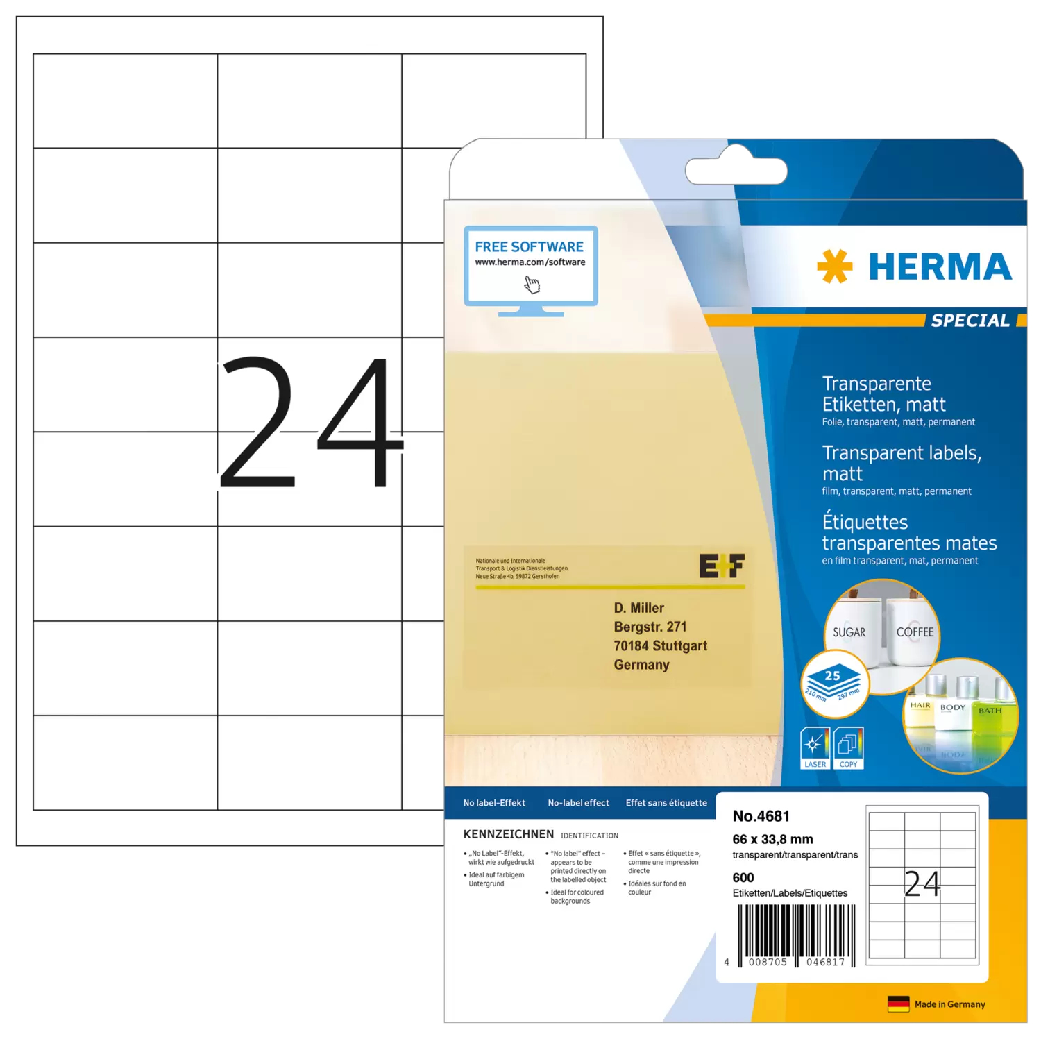 Image of HERMA Labels transparent matt A4 66x33.8 mm film 600 pcs.