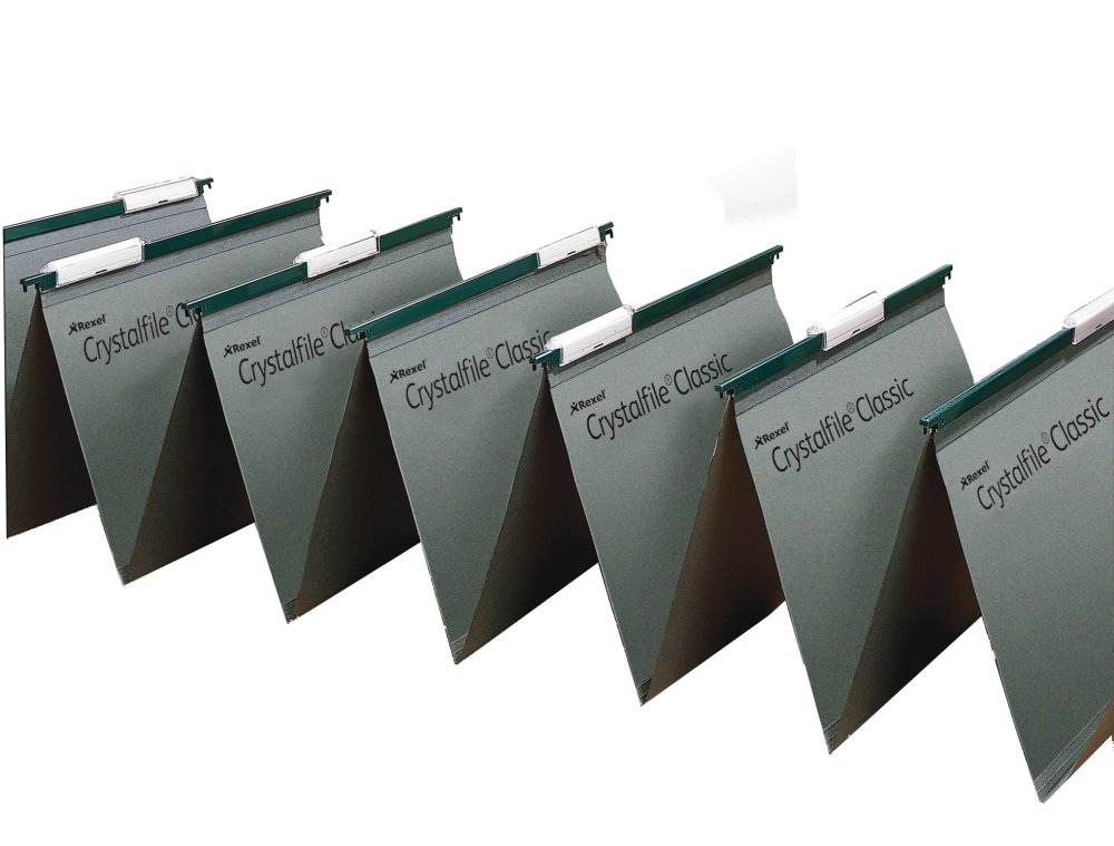 Image of Rexel Crystalfile Linked Foolscap Suspension File 15mm Green (50)