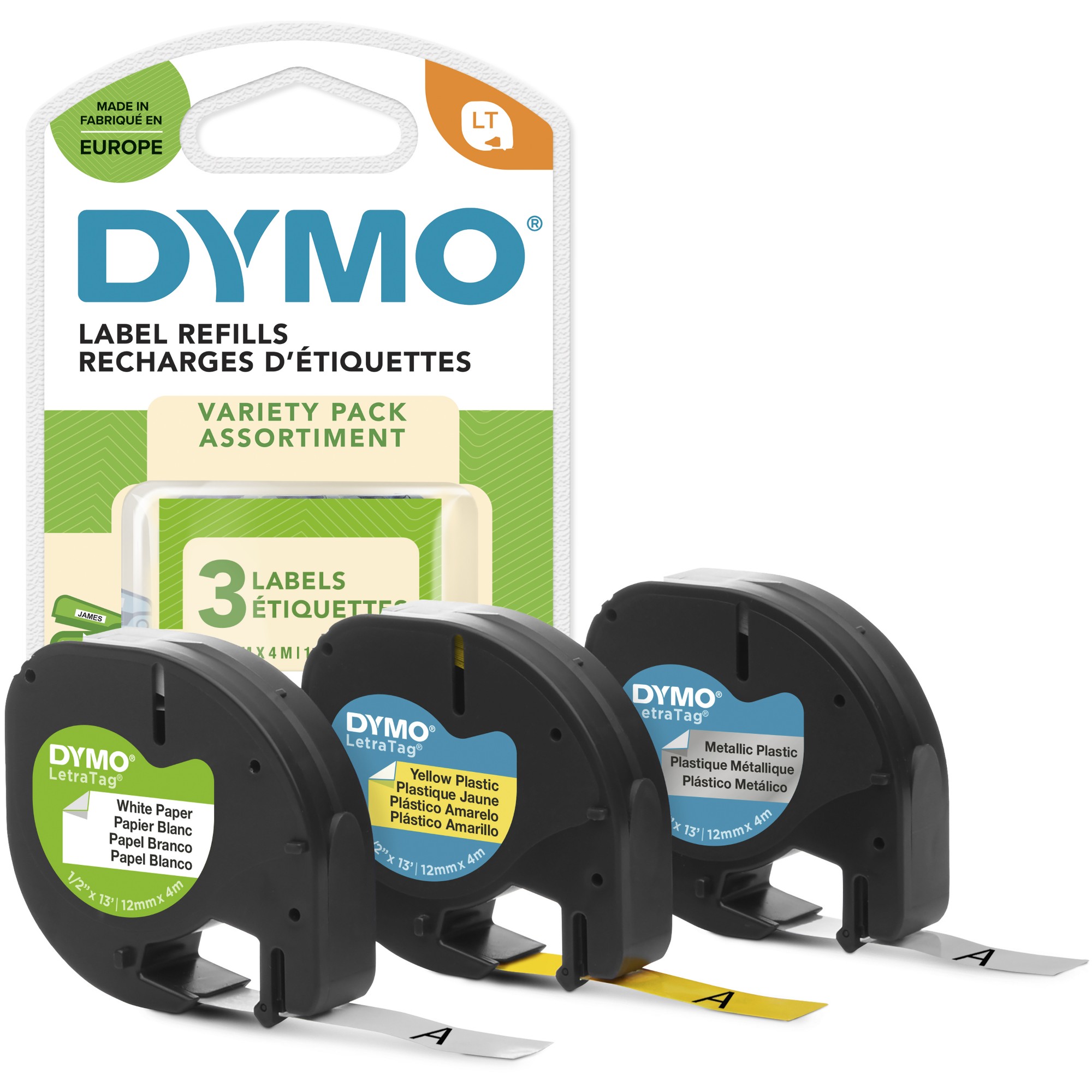 Dymo 91241/S0721800 DirectLabel-etikettes bundle white yellow silver 12mm x 4m Pack=3 for Dymo LetraTag