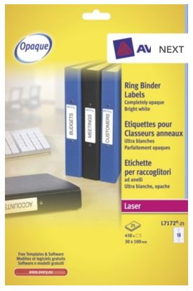 Avery Laser Ring Binder Label 100mmx30mm 18 Per Sheet White (450 Pack) L7172