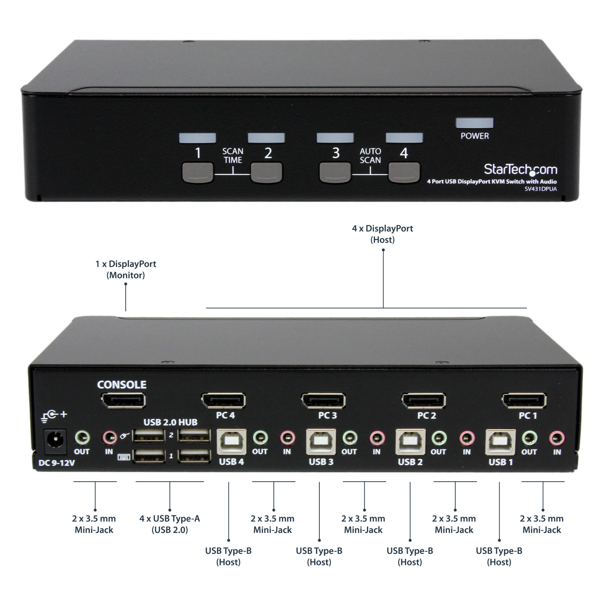 StarTech.com 4 Port DisplayPort KVM Switch - 4K 60Hz - Single Display - Dual Port UHD DP 1.2 USB KVM Switch with Integrated USB 2.0 Hub & Audio - Dell, HP, Apple, Lenovo - TAA Compliant