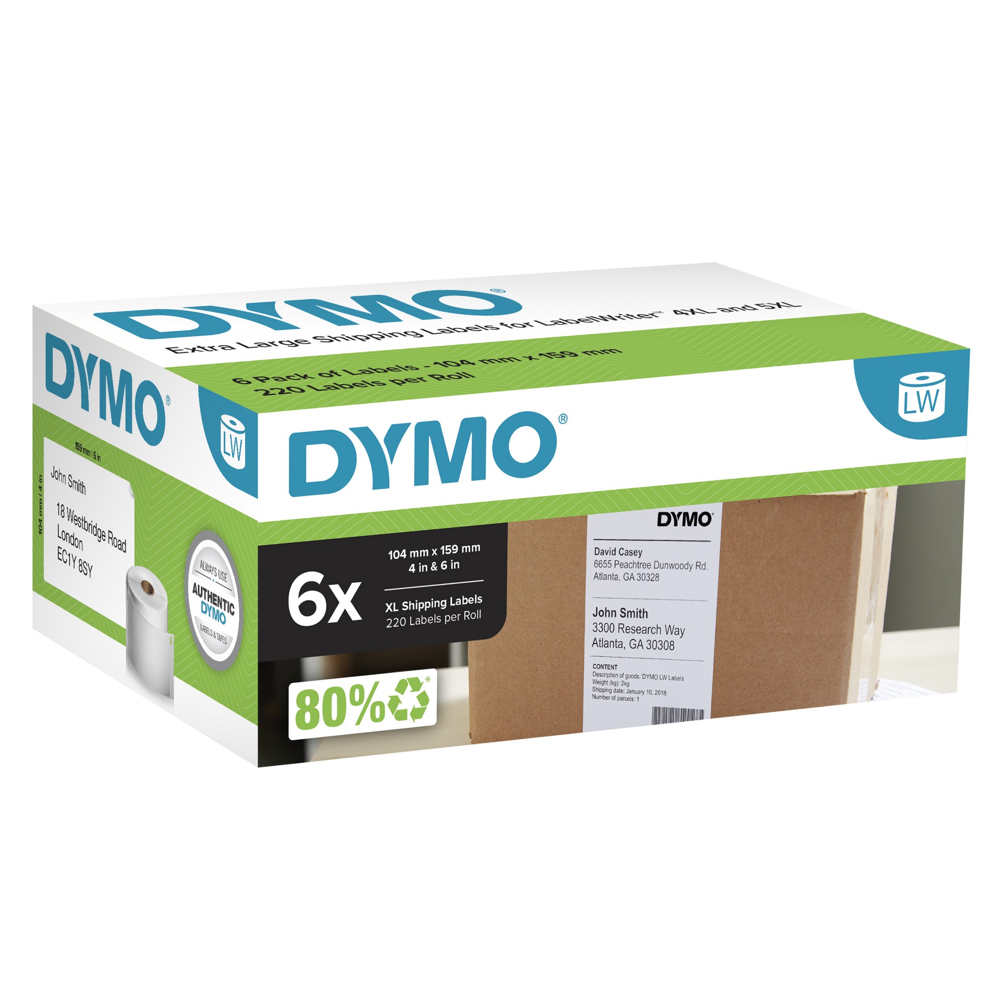 LabelWriter 104mm x 159mm XL Shipping Labels Black on White Pack of 6 Rolls