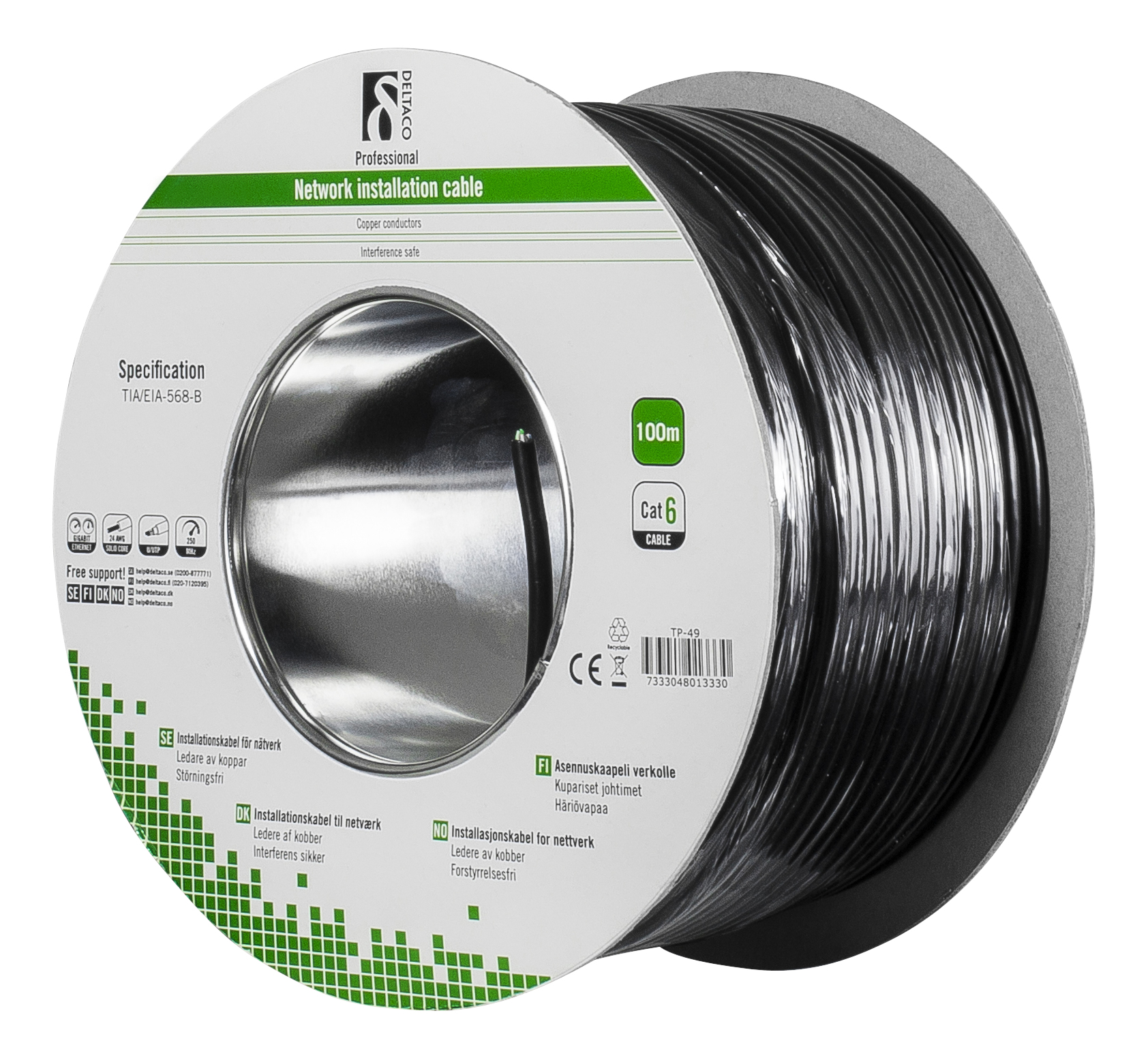 Deltaco TP-49 networking cable Black 100 m Cat6 U/UTP (UTP)