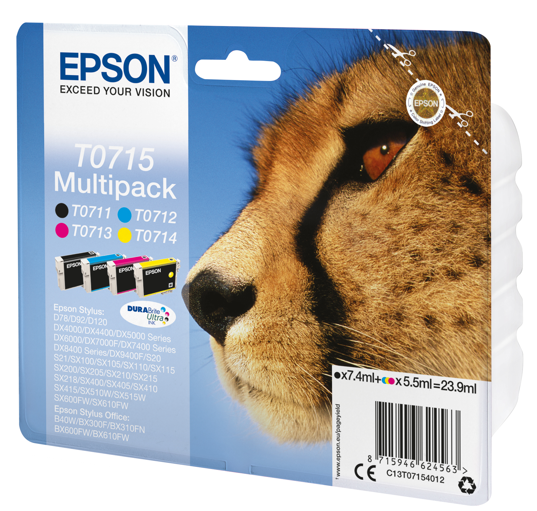 Epson C13T07154012/T0715 Ink cartridge multi pack Bk,C,M,Y 7,4ml+3x5,5ml Pack=4 for Epson Stylus BX 310/600/D 120/D 78/S 20