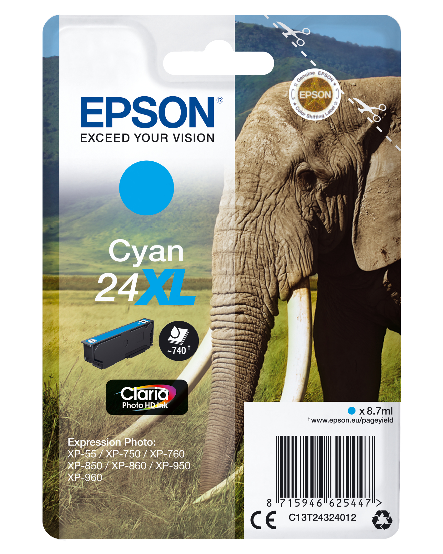 Image of Epson C13T24324012/24XL Ink cartridge cyan high-capacity, 500...