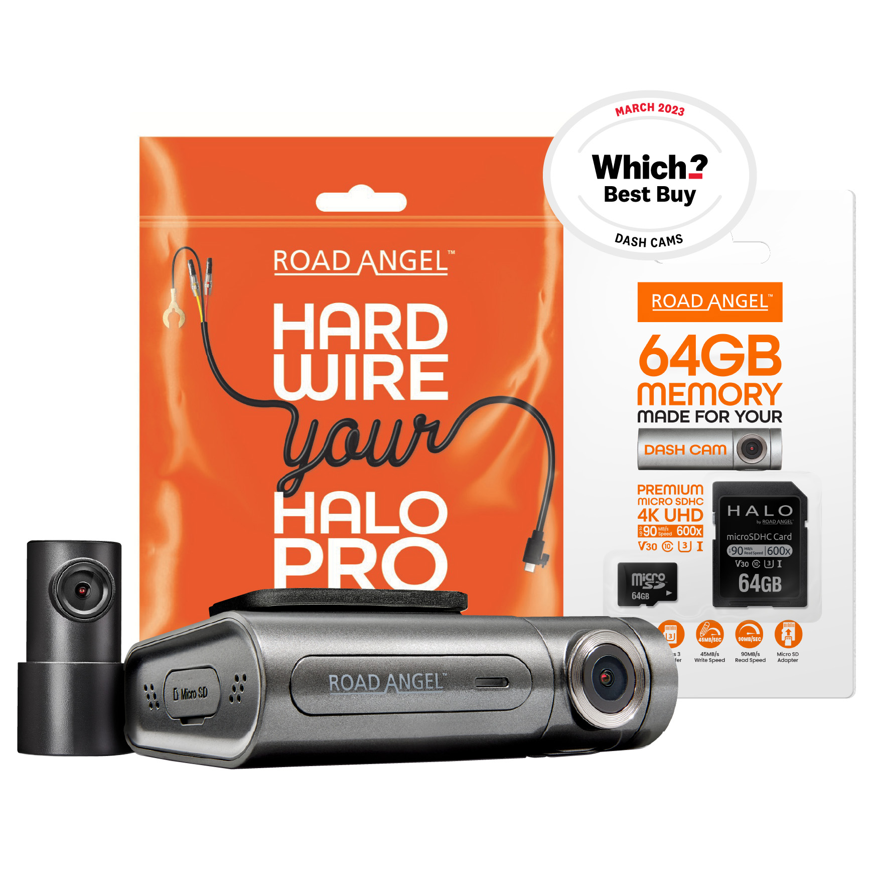 Road Angel Halo Pro Deluxe 2K Dual Front & Rear Dash Cam 64GB MicroSD & Hardwire Kit