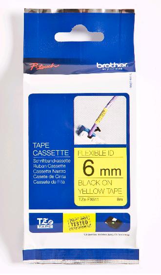 Image of Brother TZE-FX611 DirectLabel black on yellow Laminat 6mm x 8m for...