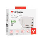 VERBATIM 3 Port 65 Watt Portable GaN charger, 2 x USB-C PD 65w, 1x USB-A QC 3.0, GNC-65A Compact Design Apple, Android, Samsung, Google, Huawei, Oppo,