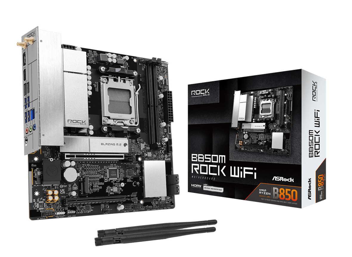 B850M Rock WiFi AMD AM5 Socket Motherboard, Micro-ATX, 2x DDR5 Slots, 2x M.2 Sockets, Fitted I/O Shield, 2.5GbE LAN, Wi-Fi 6E, 1x DisplayPort / 1x HDMI Port thumbnail
