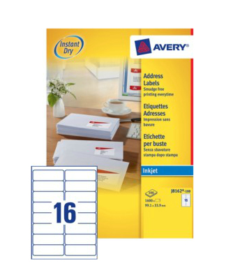 Avery Inkjet Address Labels QuickDRY 99.1x33.9mm 16 Per Sheet White (1600 Pack) J8162-100
