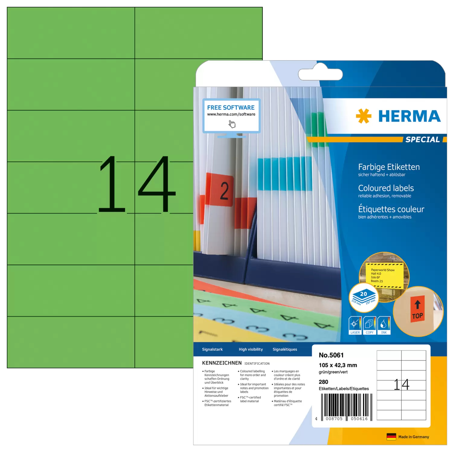 Image of HERMA Coloured labels A4 105x42.3 mm green paper matt 280 pcs.