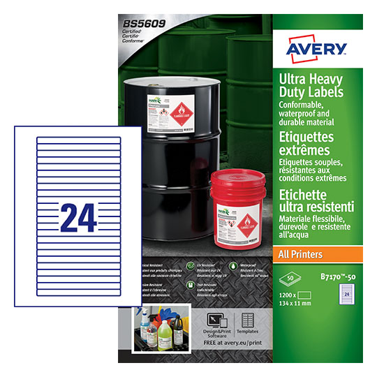 Image of Avery B7170-50 Ultra Resistant Labels 50 sheets - 24 Labels per Sheet