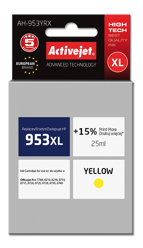 Activejet AH-953YRX ink (replacement for HP 953XL F6U18AE; Premium; 25 ml; yellow)