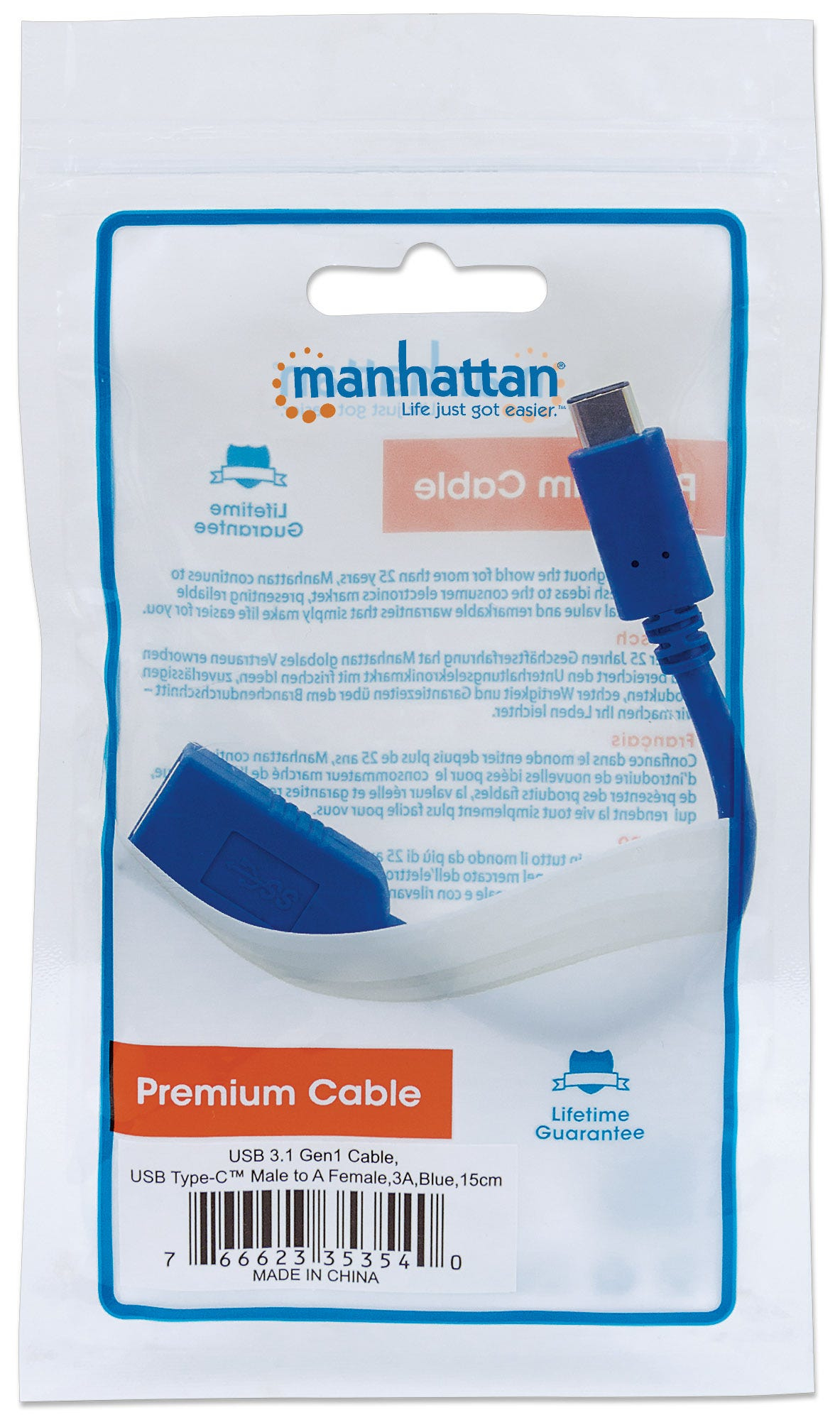 Manhattan USB-C to USB-A Cable, 15cm, Male to Female, 5 Gbps (USB 3.2 Gen1 aka USB 3.0), 3A (fast charging), Blue, Lifetime Warranty, Polybag