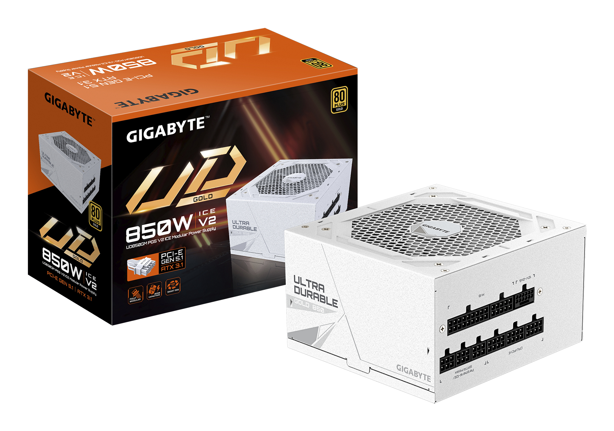 GIGABYTE UD850GM PG5 V2 ICE Power Supply Unit- PCIe Gen 5.1, 80 PLUS Gold, Fully Modular Design, 120mm Fan, ATX 3.1 compatible, EU Plug