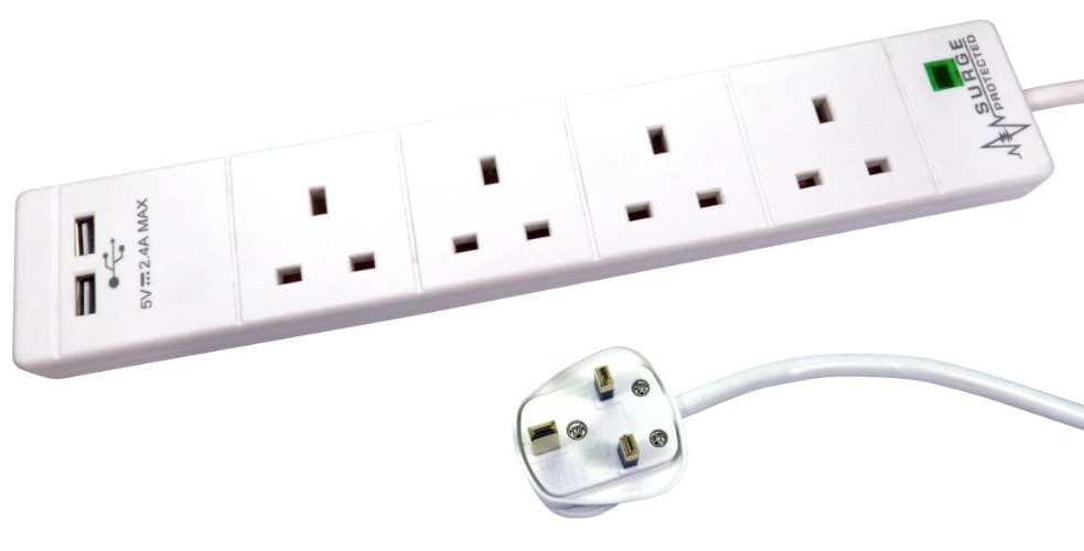 Cables Direct 2m 4 Gang Surge Protected UK Power Extension with USB