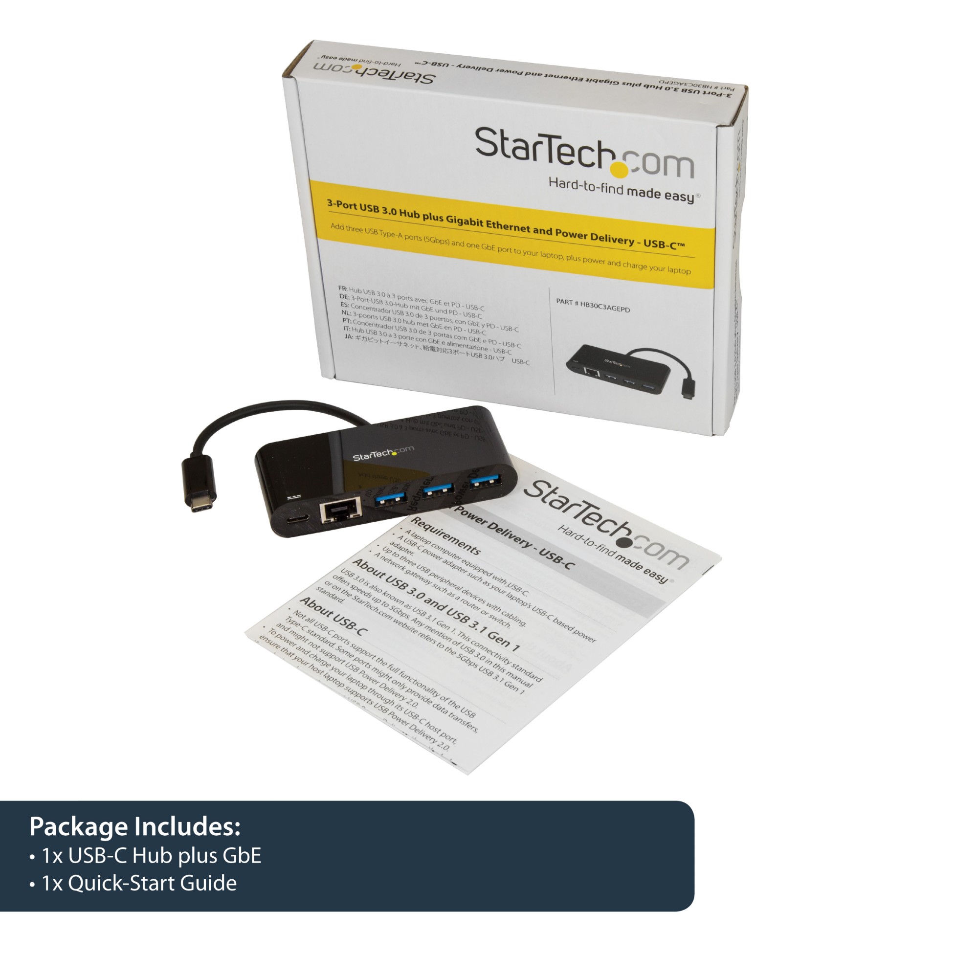 StarTech.com USB-C to Ethernet Adapter with 3-Port USB 3.0 Hub and Power Delivery