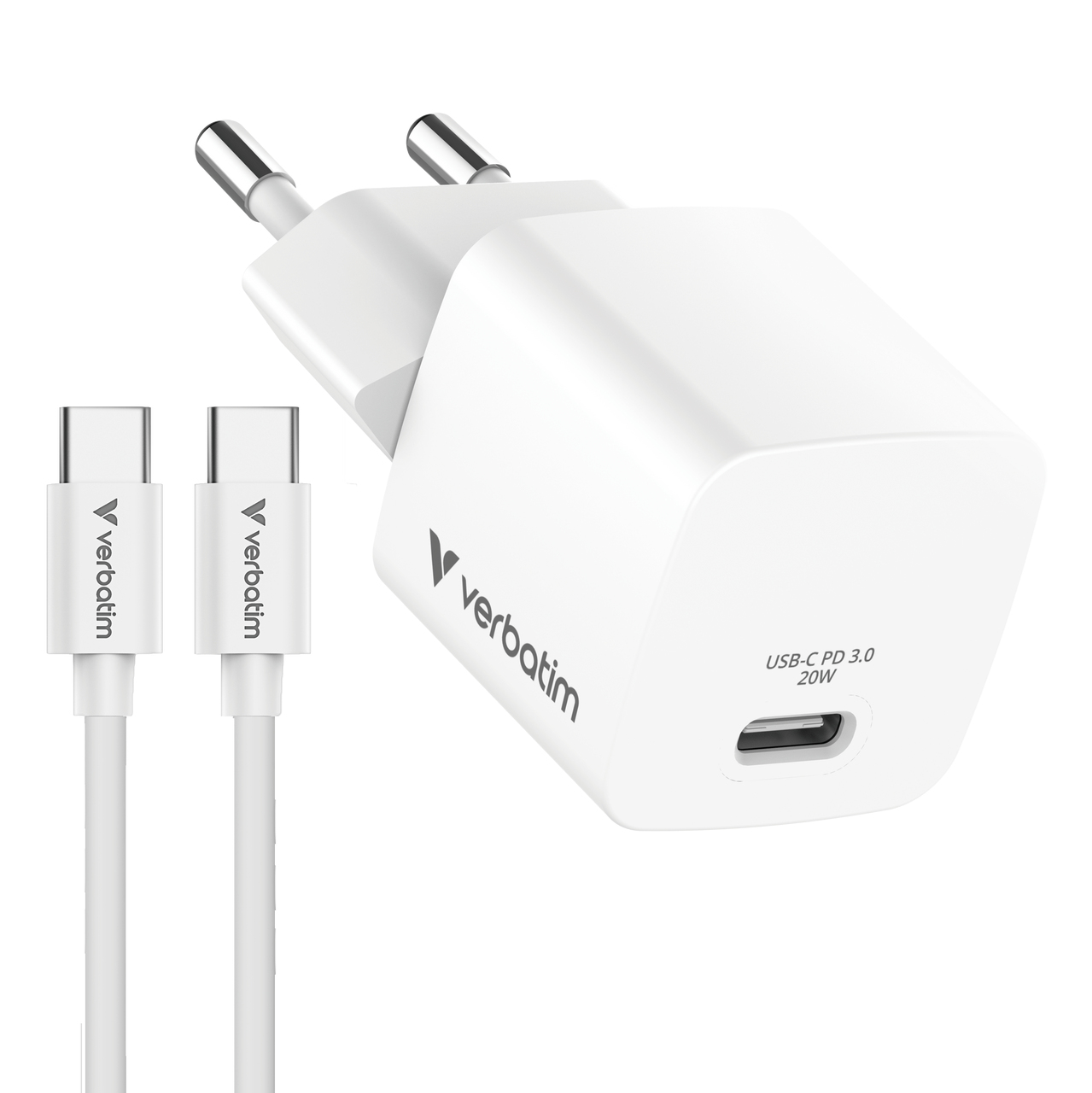 EU Product - Mini GaN Charger 20W EU with 1m USB-C to USB-C cab.