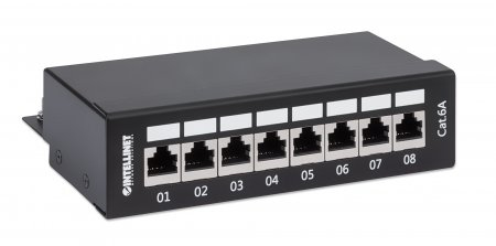 Intellinet Patch Panel, Cat6a, FTP, 8-Port, Desktop, Shielded, 90 Top-Entry Punch Down Blocks, Black