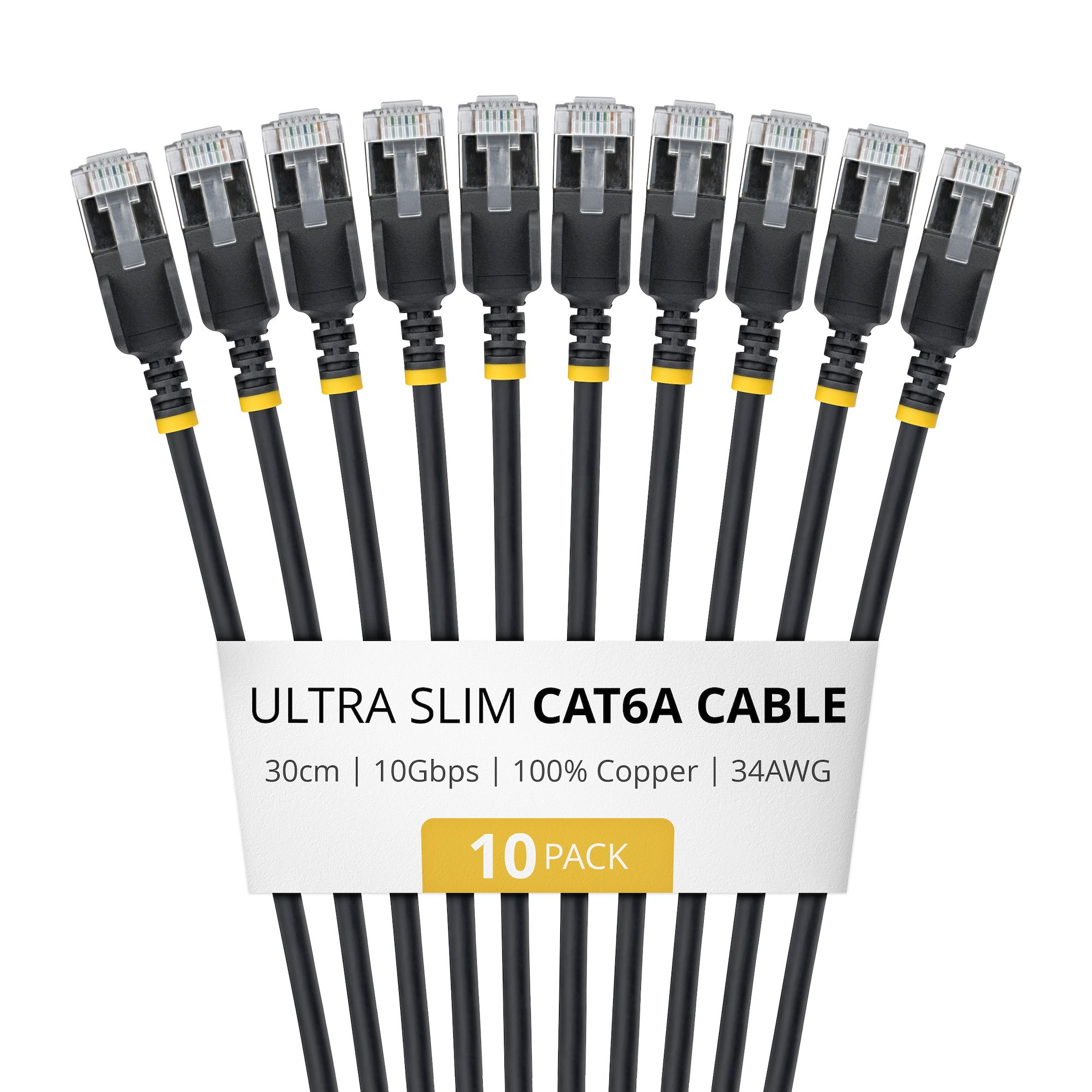 StarTech.com 30cm Black Ultra Slim Cat6A Ethernet Cable. 10 Pack. Snag