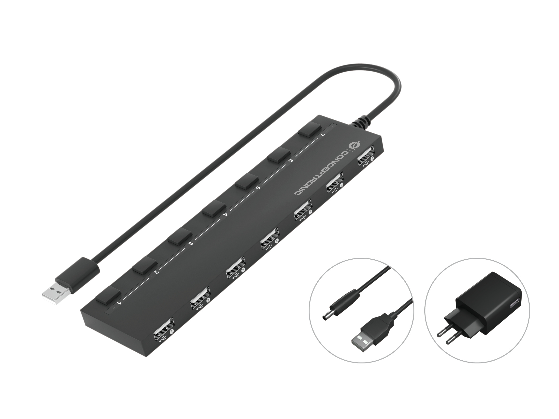 Image of Conceptronic HUBBIES 7-Port USB 2.0 Hub with Power Adapter