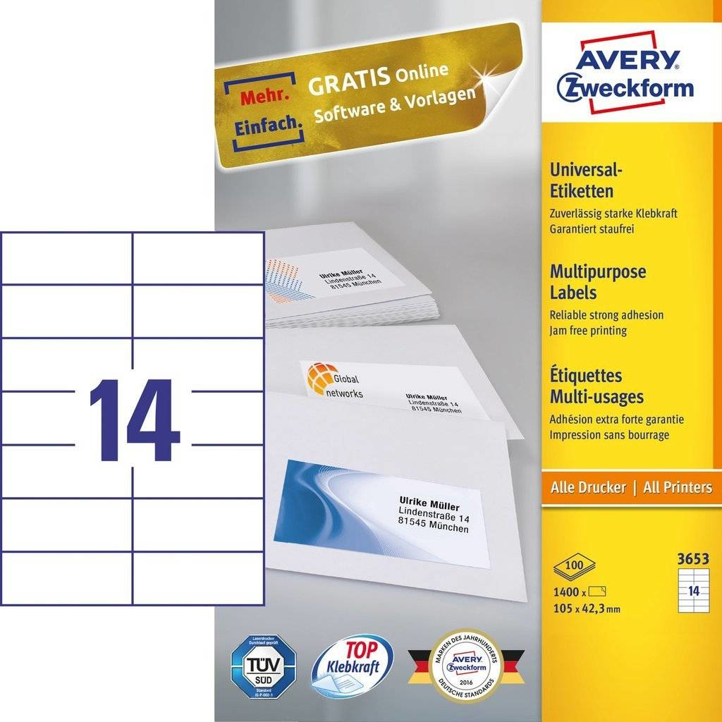 Avery Ultragrip Multipurpose Labels 105x42.3mm 14 Per Sheet White (1400 Pack) 3653