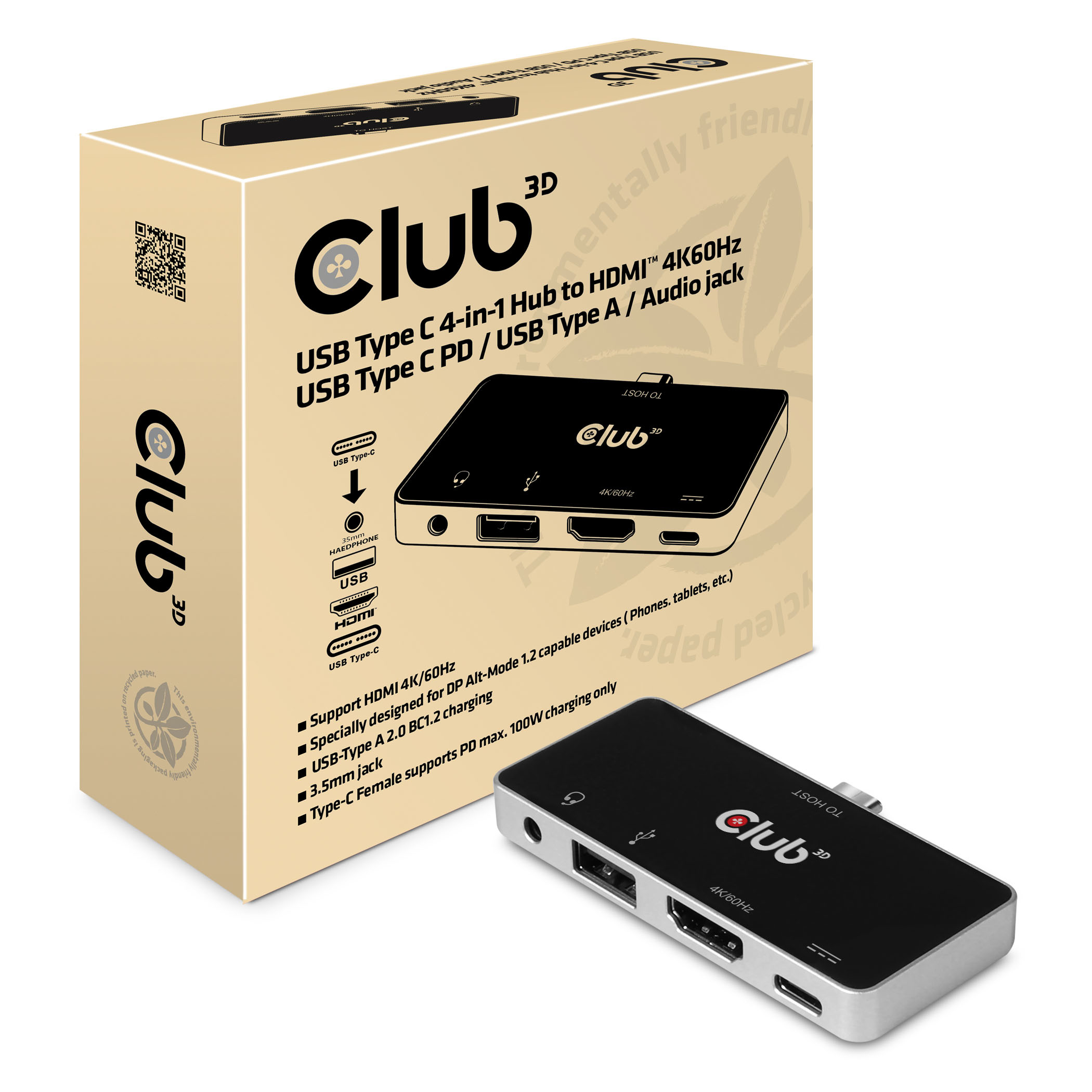 Image of CLUB3D USB Type C 4-in-1 Hub to HDMI 4K60Hz USB Type C PD / USB...