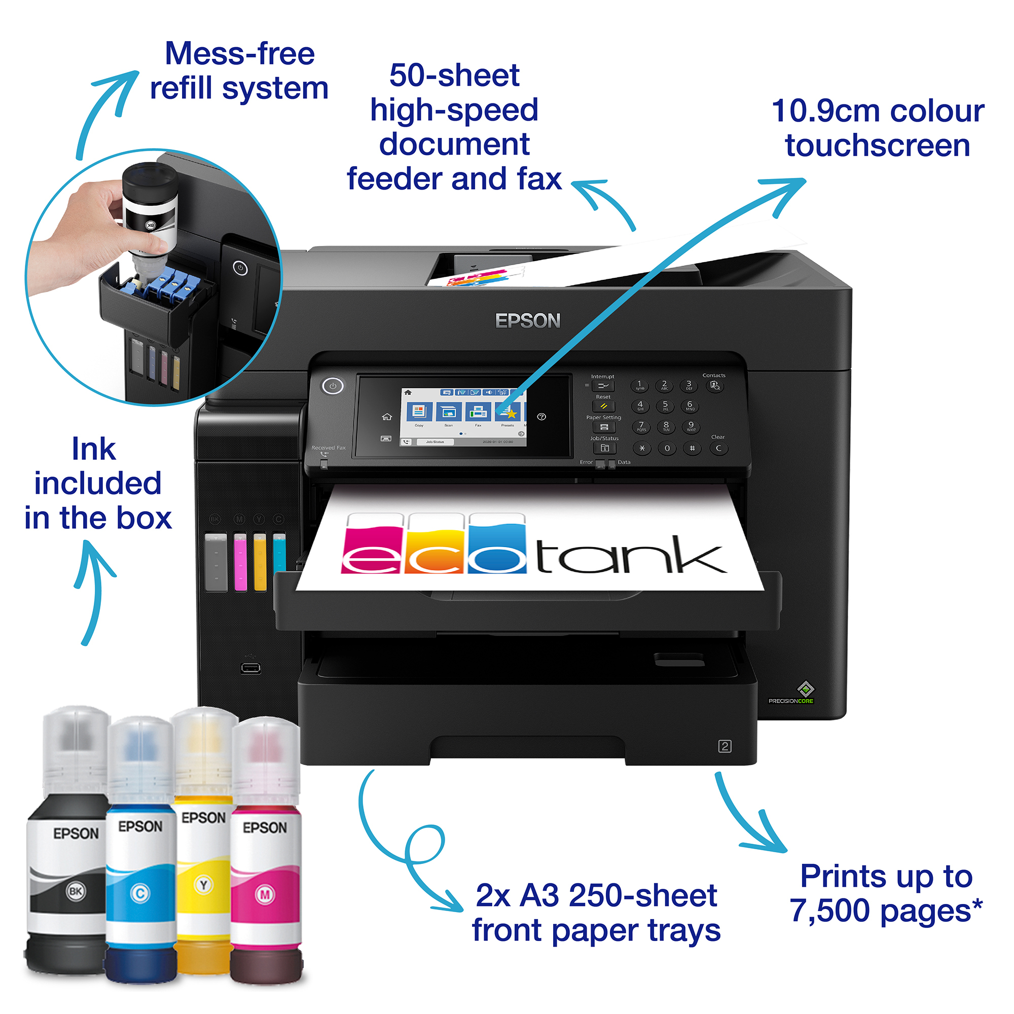 EcoTank ET-16655 Colour A3 Multifuncion Printer. Up to 25ppmipm. Print/Copy/Scan. Duplex. 2 Trays. One set of replacement inks prints up to 7,500 pages in black and 6,000 pages in colour thumbnail