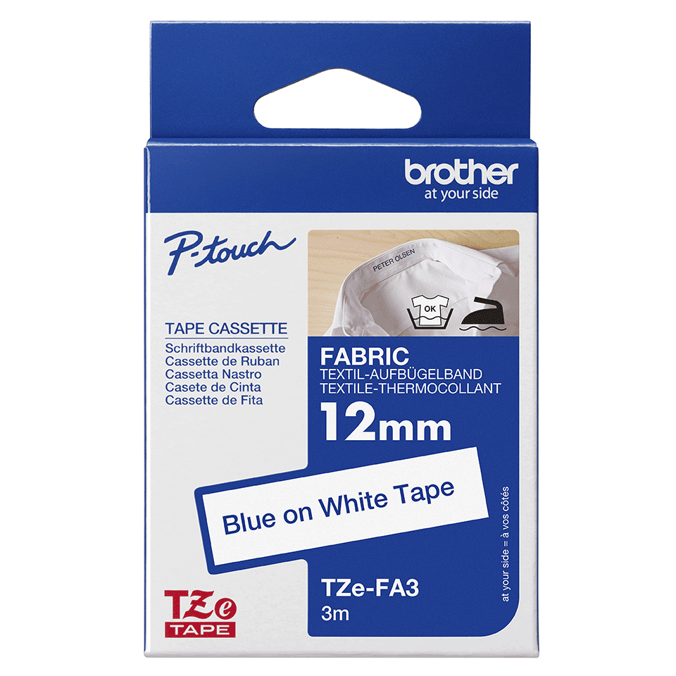 Brother TZE-FA3 DirectLabel Textile ribbon blue on white 12mm x 3m for Brother P-Touch TZ 3.5-18mm/6-12mm/6-18mm/6-24mm/6-36mm