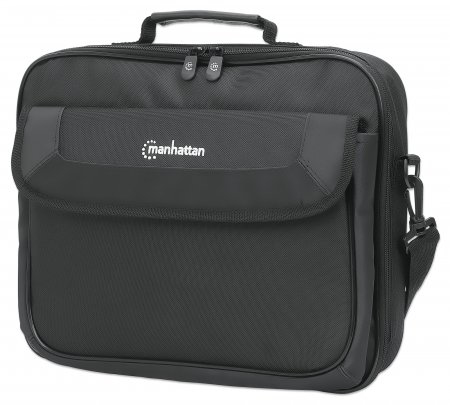 Manhattan Cambridge Laptop Bag 14.1", Clamshell Design, Black, LOW COST, Accessories Pocket, Document Compartment on Back, Shoulder Strap (removable), Equivalent to Targus CN313/CN414EU, Notebook Case, Three Year Warranty