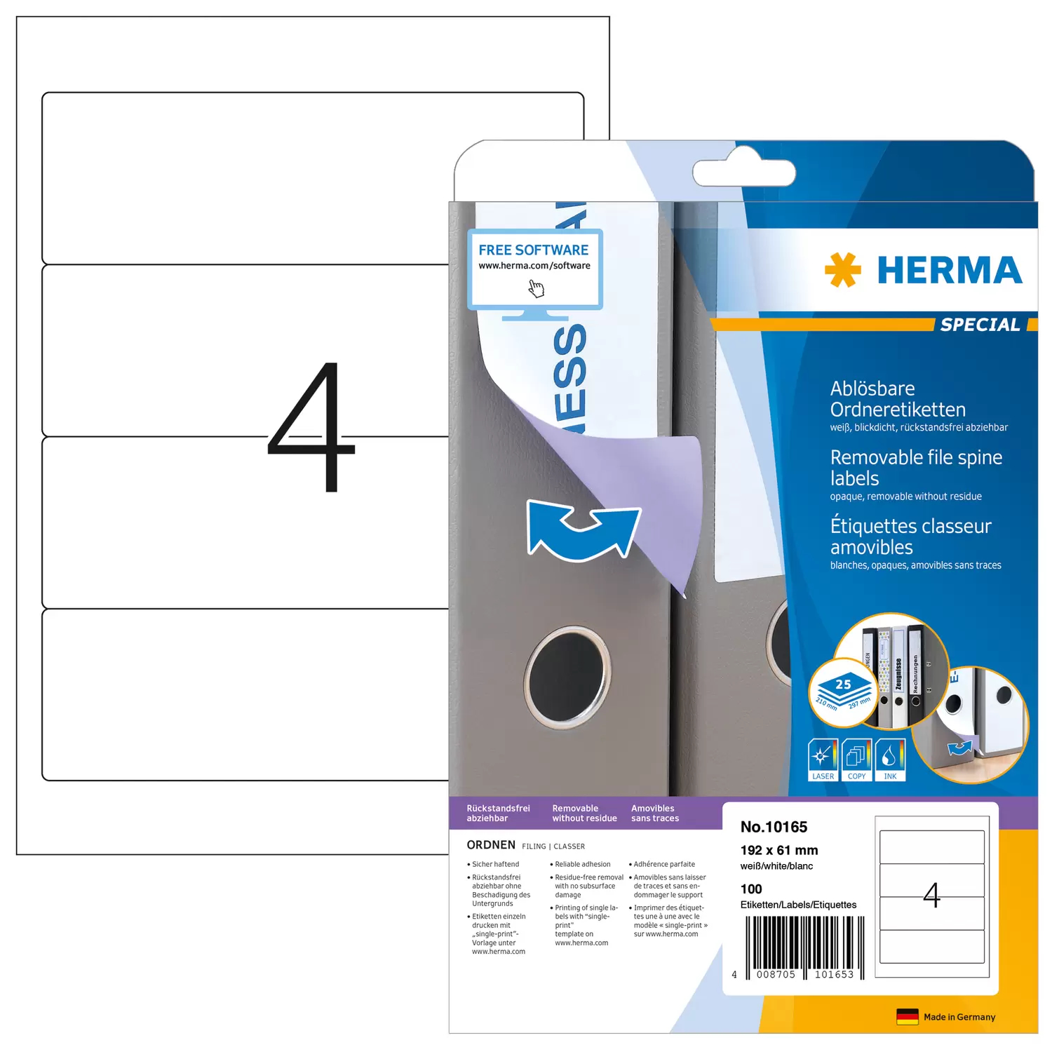 HERMA Removable file labels A4 192x61 mm white Movables/removable paper matt opaque 100 pcs.