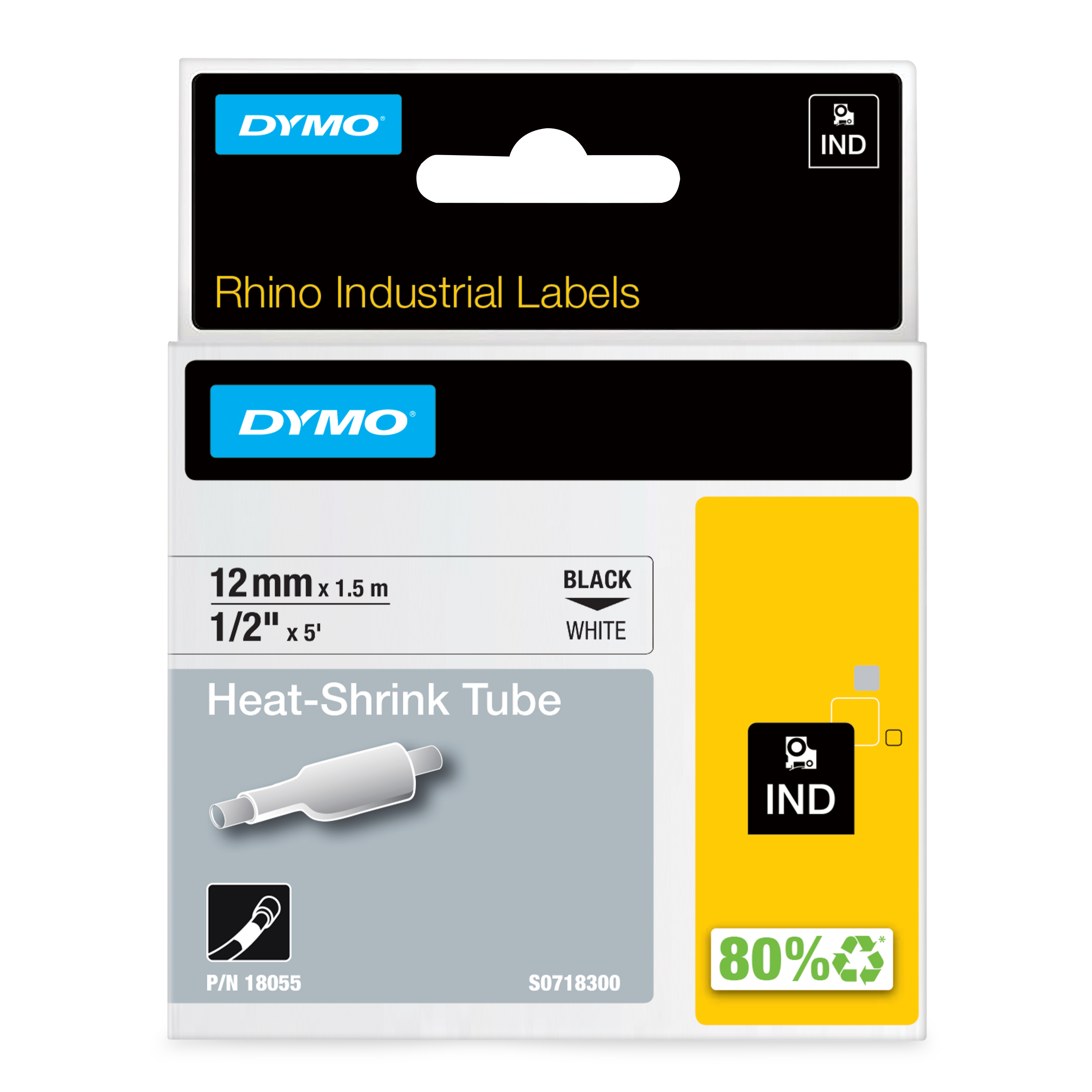 Image of Dymo 18055/S0718300 Heat Shrink Tubes black on white 12mm x 1,5m...