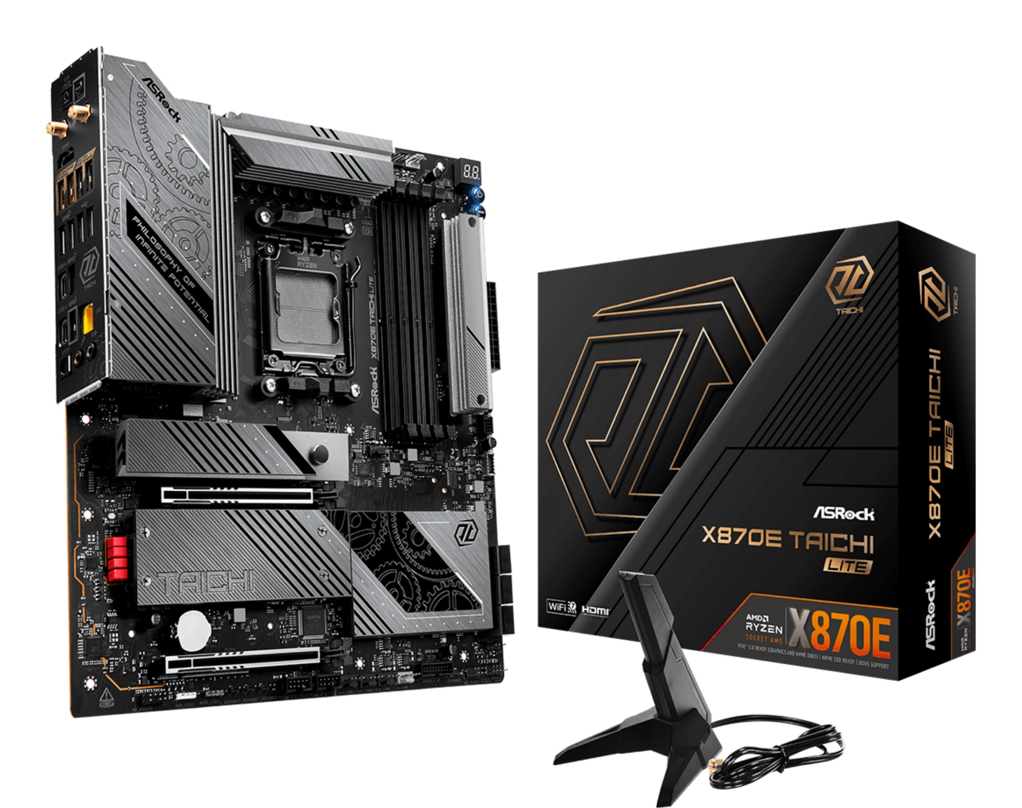 X870E TAICHI LITE ASROCK X870E TAICHI LITE AMD AM5 Socket Motherboard, E-ATX, 4x DDR5 Slots, 4x M.2 Sockets, 3x USB-C Port, Fitted I/O Shield, 5GbE LAN, Wi-Fi 7, 1x HDMI Port / 2x USB-C (USB4)