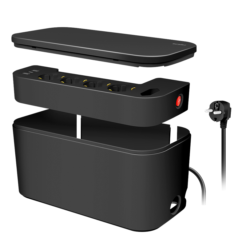 LogiLink Outlet Strip, Storage box w/4 safety + 1 Euro socket, with 3 USB port PD 20W (2x USB-A, 1x USB-C), black