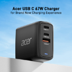 Acer 67W PD Charger, USB Port: 2C+1A, UK Plug, 100W USB-C Cable, Black