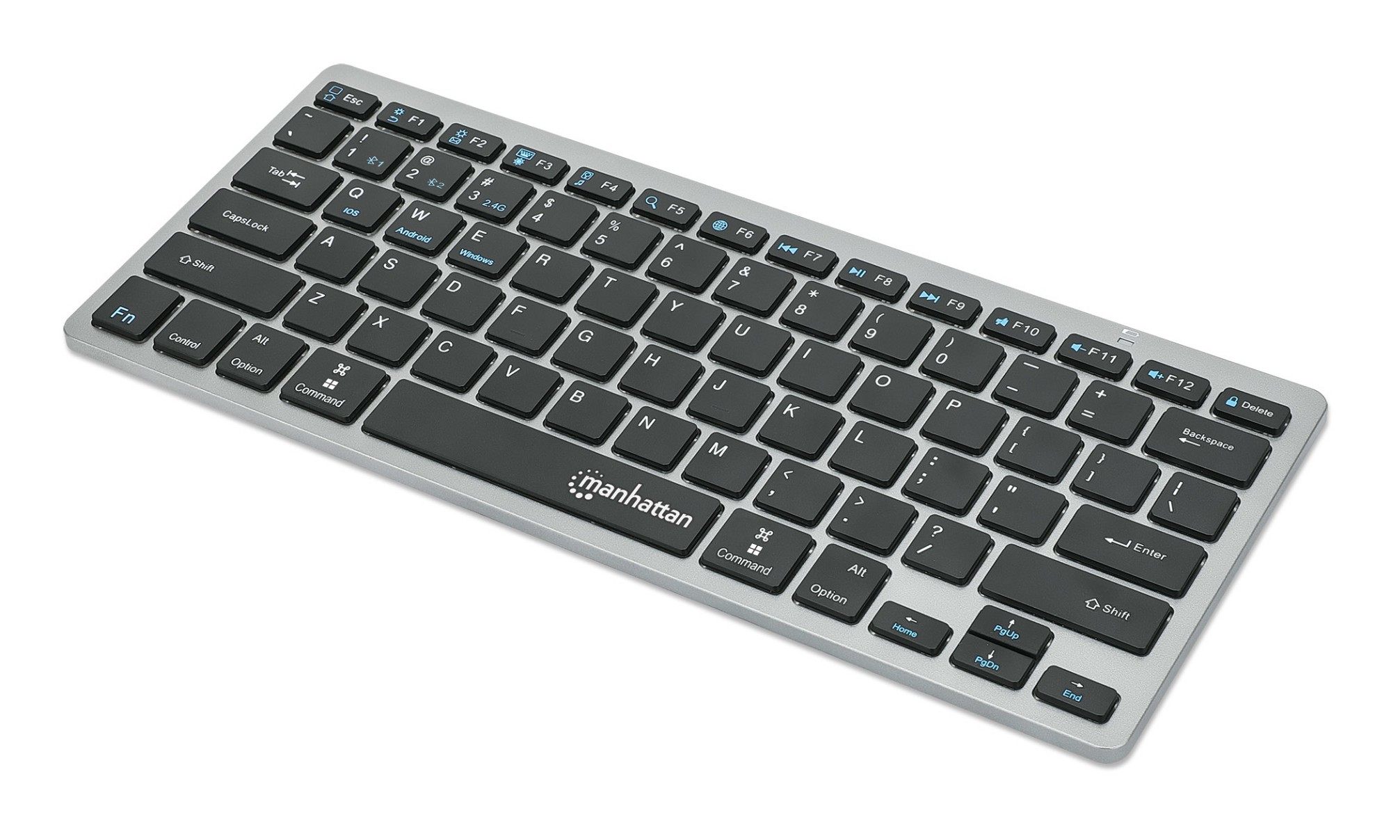 Manhattan Ultra Slim Dual-Mode Wireless Keyboard, German Quertz layout, Bluetooth (v3.0) and Wireless (2.4GHz), 78 low profile scissor keys, Auto Power Management, Range 10m, USB-A Micro Receiver, AAA Battery (included), Windows and Mac, Three Year Warran