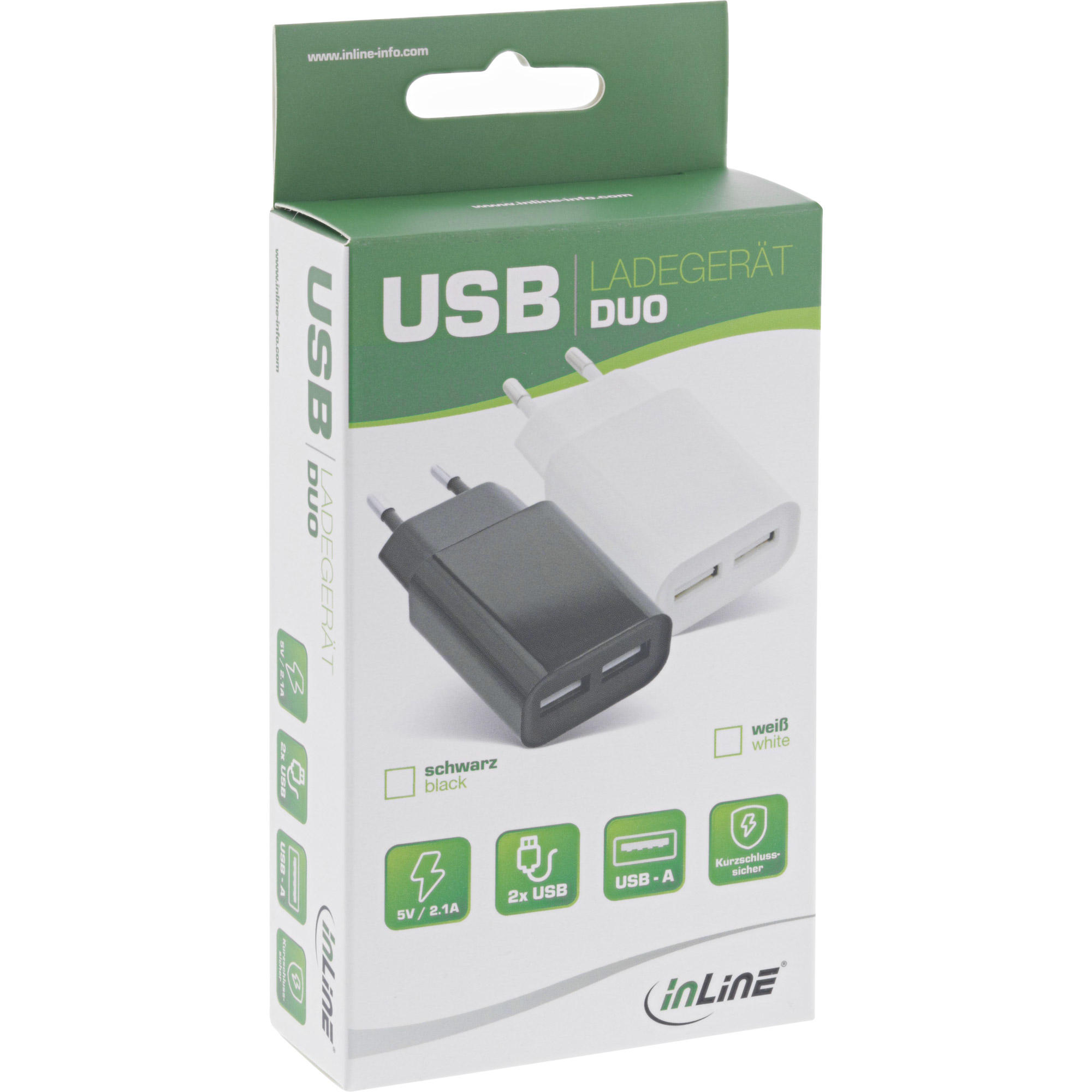31503W INLINE INC USB Ladegert DUO - Netzteil 2-fach - 100-240V zu 5V/2.1A - wei