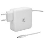 Manhattan Wall/Power Mobile Device Charger (Euro 2-pin), USB-C and USB-A ports, USB-C Output: 60W / 3A, USB-A Output: 2.4A, USB-C 1m Cable Built In, White, Phone Charger, Three Year Warranty, Box