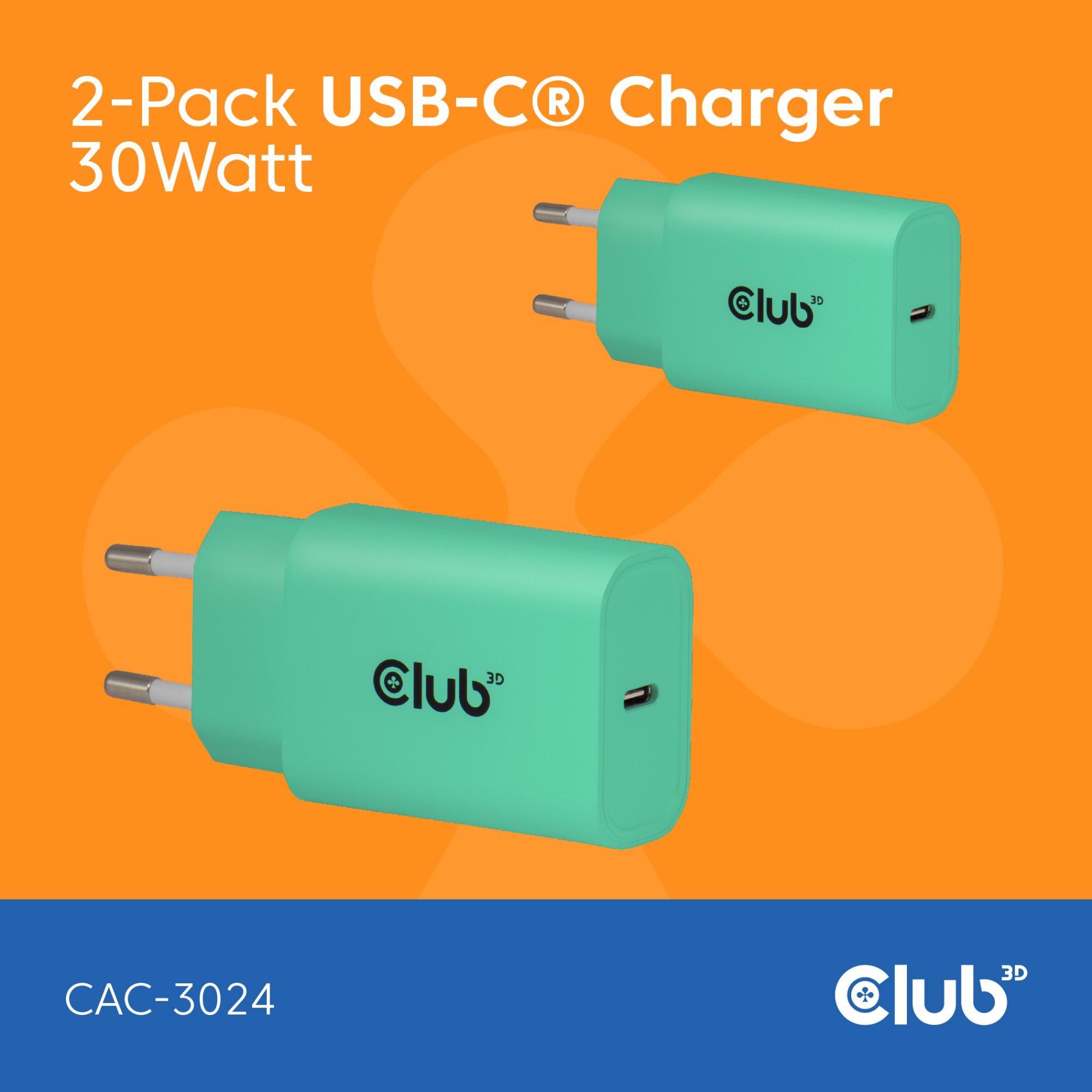 CLUB3D 2-Pack USB-CÂ® Charger 30Watt Green