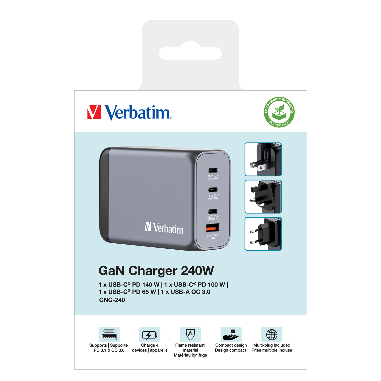 Verbatim GNC-240 GaN Charger 240W with 1 x USB-C 140W /1 x USB-C 100W / 1 x USB-C 65W / 1 x USB-A QC 3.0 (EU/UK/US)