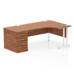 Dynamic Impulse W1600 x D1200 x H730mm Right Hand Crescent Desk Cantilever Leg With D800mm Desk High Pedestal Walnut Finish White Frame - I004111 DD