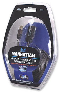 Manhattan USB-A to USB-A Extension Cable, 10m, Male to Female, Active, 480 Mbps (USB 2.0), Daisy-Chainable, Built In Repeater, Black, Blister