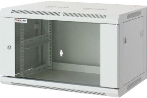 Intellinet Network Cabinet, Wall Mount (Standard), 15U, 450mm Deep, Grey, Assembled, Max 60kg, Metal & Glass Door, Back Panel, Removeable Sides, Suitable also for use on a desk or floor, 19
