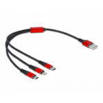 DeLOCK USB Charging Cable 3 in 1 Type-A to Lightning / 2 x USB Type-C 30 cm black / red