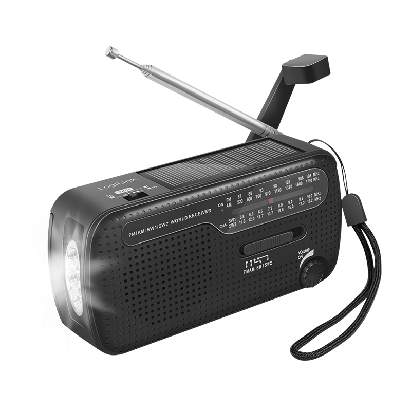 LogiLink Dynamo Hand Crank Radio, w/ solar panel, black