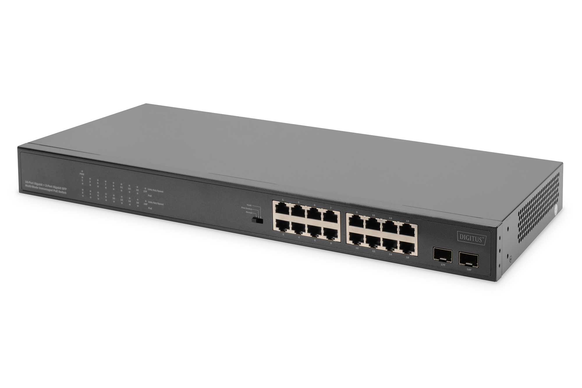 Image of Digitus 16 Port Gigabit PoE Switch, 19 Inch, Unmanaged, 2 SFP Uplink