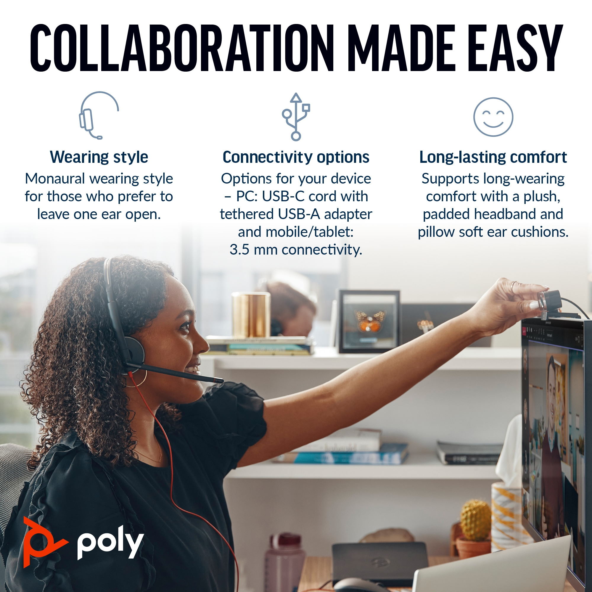 Poly Blackwire 5210 Monaural USB-C Headset +3.5mm Plug +USB-C/A Adapter