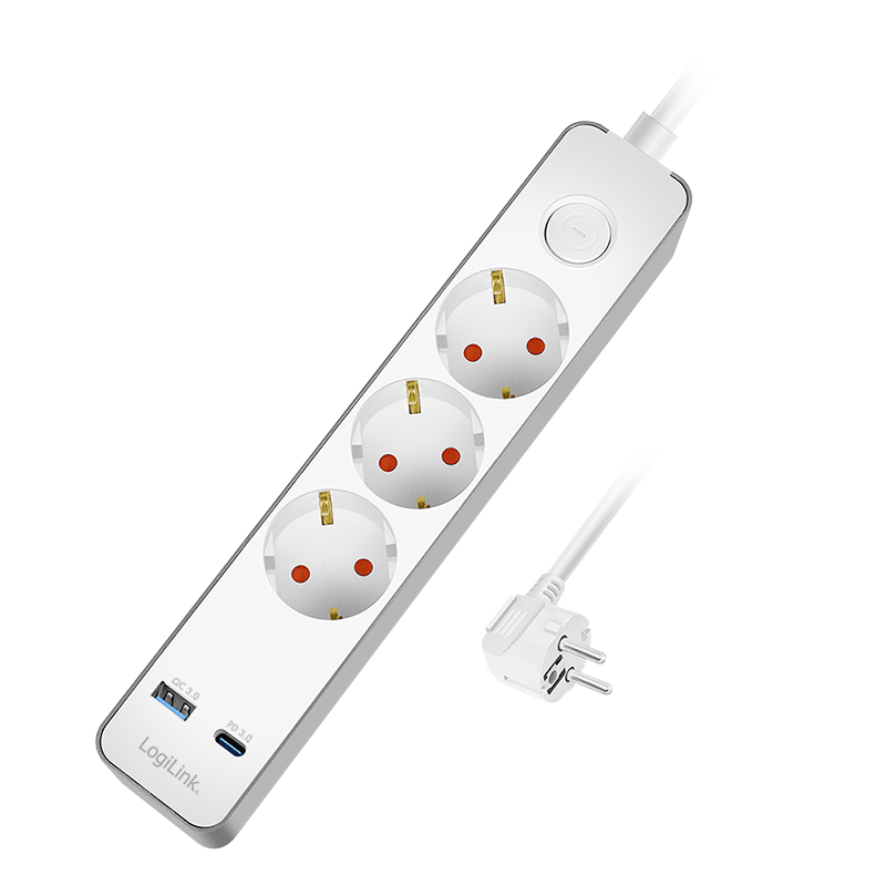 LogiLink Outlet Strip, 3 safety sockets, w/ 1x USB-A, 1x USB-C, 20W PD, w/ push switch