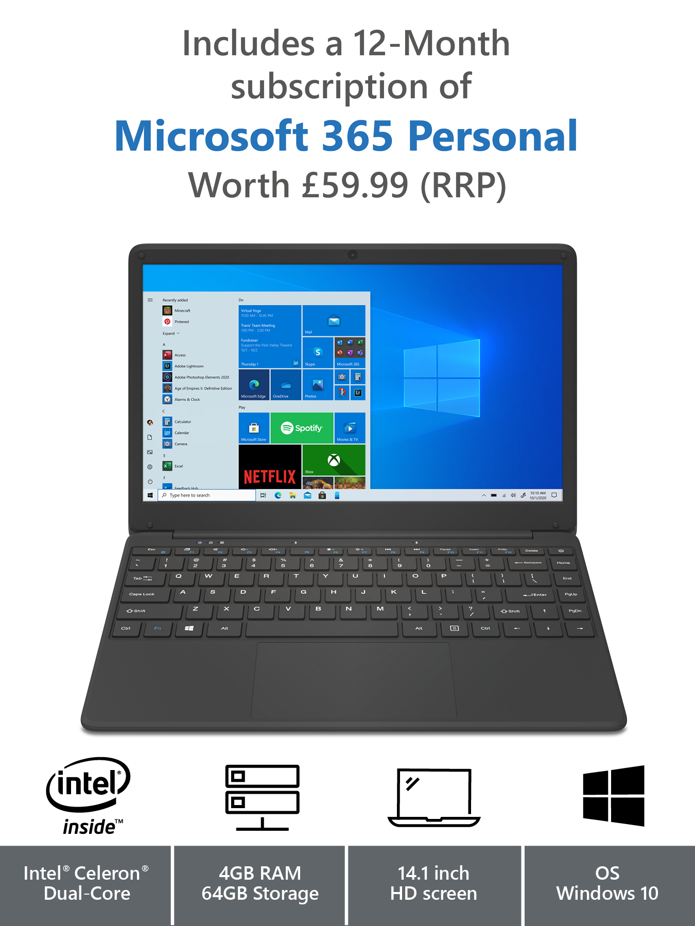 Geo Computers GeoBook 140 14-inch Laptop Windows 10 Intel Celeron 4GB RAM 64GB eMMC - 1 Year Microsoft 365 Personal